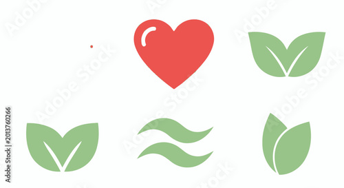 Green leaves and red heart icons.
