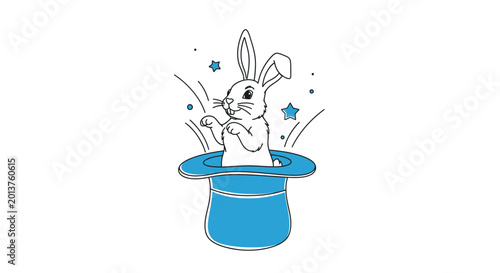 Tableau sur toile Magic Rabbit Appearing from Blue Top Hat with Stars