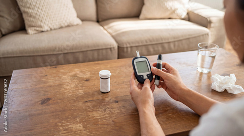 Slika na platnu A person holds a blood glucose meter and lancet pen, attentively preparing for a crucial self-monitoring blood test