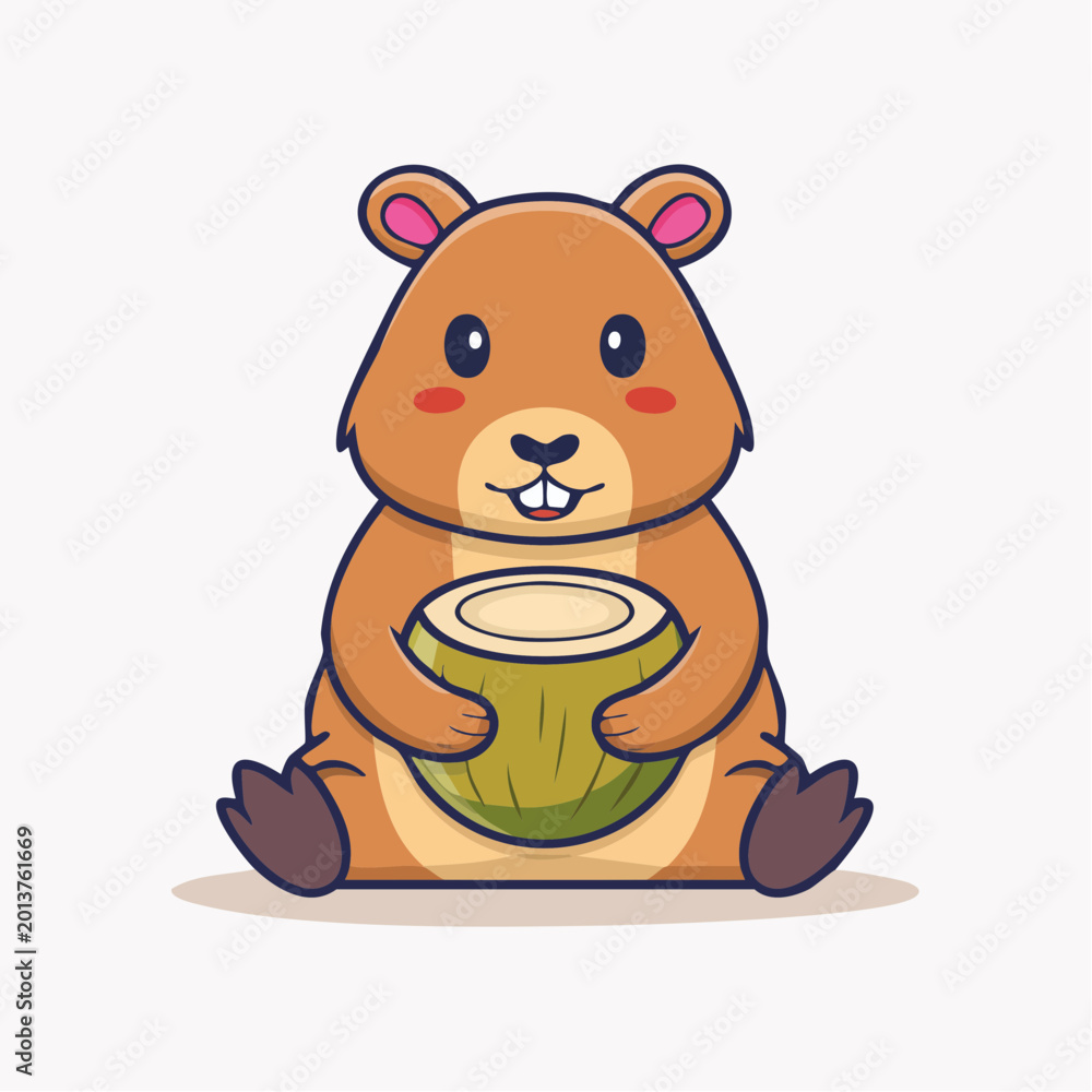 Fototapeta premium Cute cartoon hamster holding a coconut