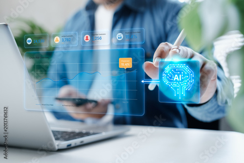 Fotografie AI Churn Prediction Dashboard Overlay on Business Professional Using Laptop with