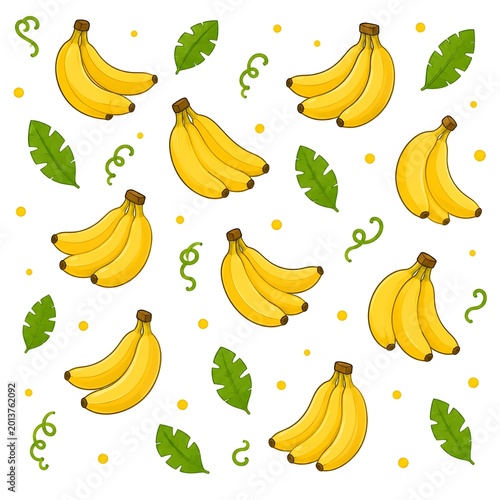 A vibrant tropical pattern featuring bunches of ripe yellow bananas, green leaves, and decorative swirls on a clean white background.