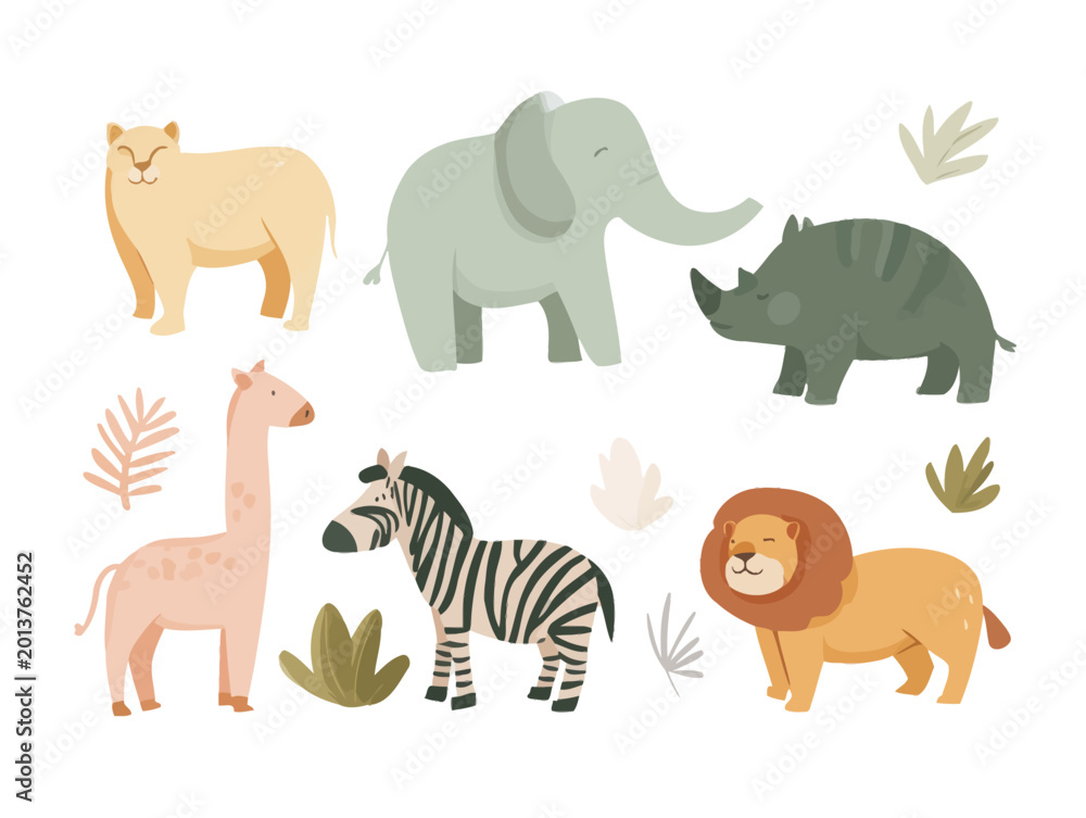 Fototapeta premium Cartoon safari animals collection featuring elephant, lion, zebra, and more