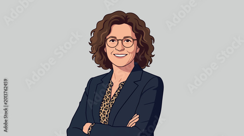 Portrait of a middle-aged woman with curly brown hair and stylish glasses, rendered as a high-quality vector illustration on a white background, suitable for diverse graphic design.
