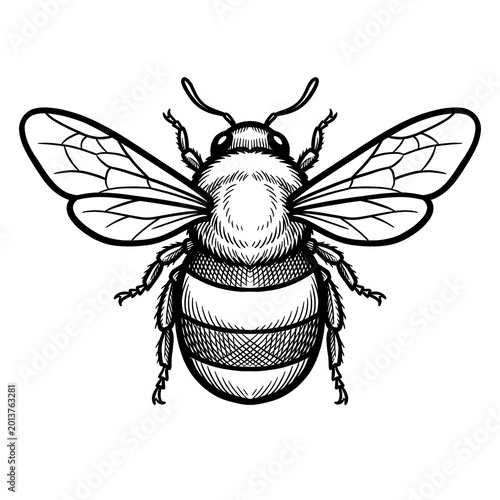 bee drawing with symmetrical black line art, front facing bumblebee wings spread, bold outline insect illustration on clean white background for nature, pollinator, tattoo, stencil, coloring design
