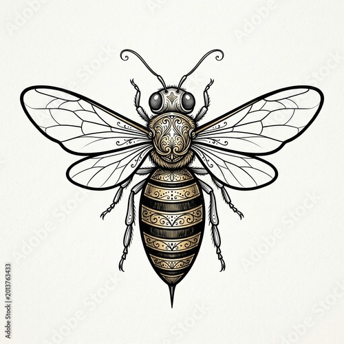bee drawing in ornate vintage engraving style, front facing insect with wide wings, filigree body details, curled antennae, fine line texture, and clean pale background for decorative pollinator art