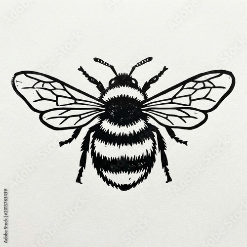 bee drawing as bold black and white bumblebee print, top view wings spread, rough ink stamp texture, simple striped body, thick outline, and clean white paper background for rustic insect design