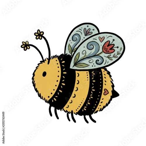 bee drawing as whimsical folk art bumblebee, rounded yellow body, decorative floral wings, tiny flower antennae, playful dots, bold outline, clean white background for cheerful nursery illustration