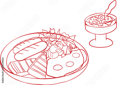 Billede på lærred A hearty meal illustration showing sausages, eggs, and toast on a large plate, paired with a small dessert or fruit bowl