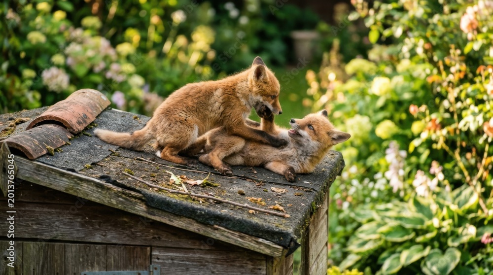Fototapeta premium Two foxes playing on a weathered rooftop in a lush green garden setting, wildlife scene.