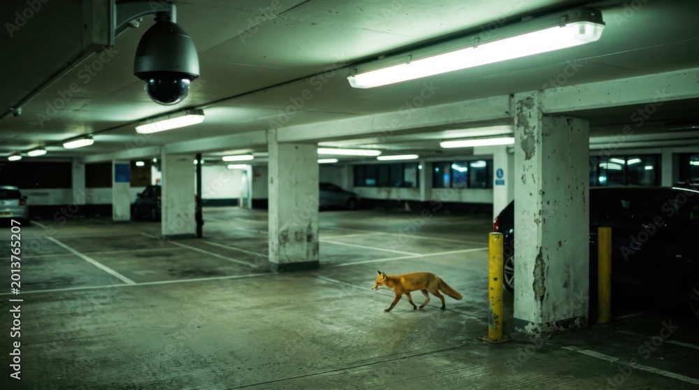 Fototapeta premium Urban Fox Explores Empty Parking Garage Underneath Fluorescent Lighting.