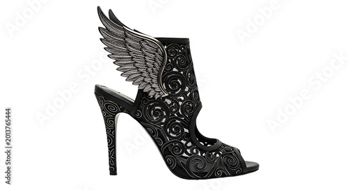 Black high heel shoe with a decorative wing design on the side for a stylish and fashionable look isolated on transparent background