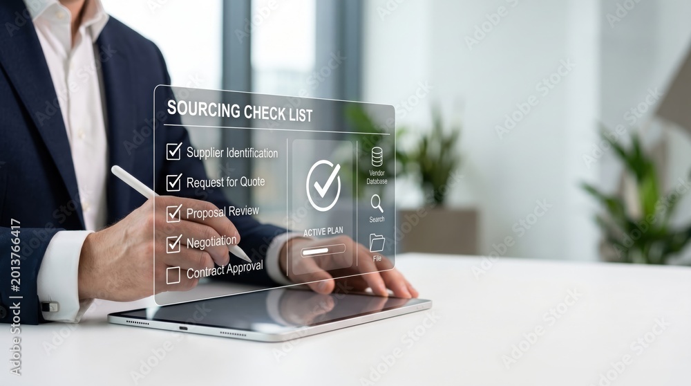 Naklejka premium Futuristic holographic sourcing checklist interface displayed above tablet, businessman selecting supplier identification and negotiation options, digital procurement and supply