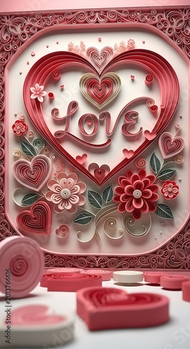 A 3D rendering of a heart-shaped Valentine's Day decoration with flowers