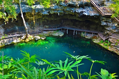 Cenote with fresh green tropical vegetation. Exotic pond with pathway for tourists. Water, jungle vegetation and trees. Travel picture, nature exploration.