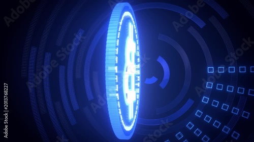 Rotating Cryptocurrency Neon Bitcoin with Geometrical Background
