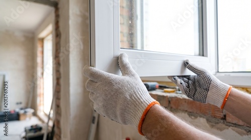 Professional worker hands in protective gloves installing a new white plastic PVC window during house renovation or construction