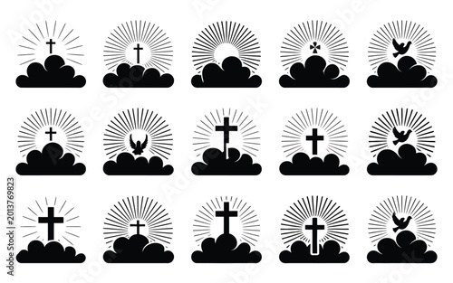 Принти на полотні Decorative silhouette bundle of christian ascension symbols with crosses and dov