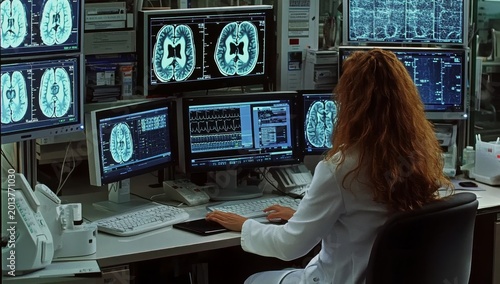 A female doctor is using multiple computer monitors to display patient brain images in the medical lab, surrounded by other doctors discussing data 