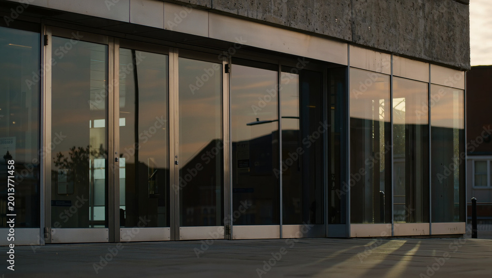 Fototapeta premium Modern Glass Building Facade at Sunset