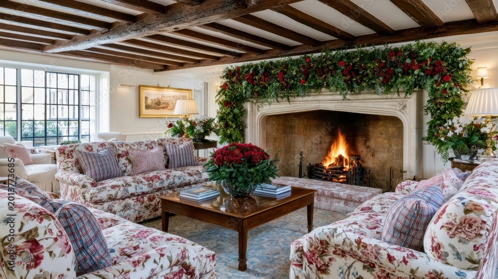 Fototapeta premium Cozy living room with floral sofas and a roaring fireplace decorated for the holidays