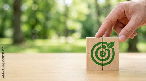 Hand placing wooden blocks with green eco target symbol on table, representing environmental sustainability goals and corporate social responsibility strategy for nature