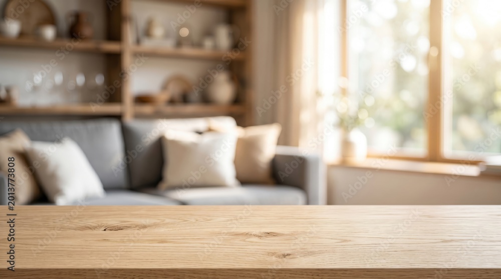 Obraz premium Empty wooden table top with blurred cozy living room background, perfect for product display mockup or interior design presentation template