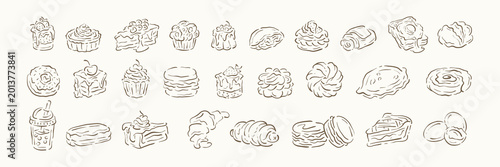 A delightful assortment of dessert and pastry doodles. Features cakes, croissants, macarons, and other sweets. A hand drawn vector illustration for a patisserie menu or bakery branding project
