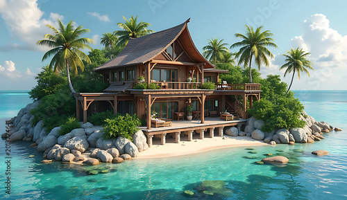 Wooden beachfront villa on rocky shore with palm trees and turquoise ocean