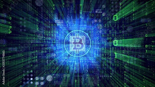 Neon Cryptocurrency Bitcoin on Computer Motherboard with Processor