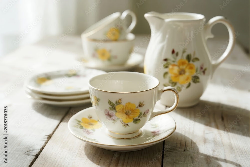 Fototapeta premium Floral-patterned ceramic tea set on a wooden table with soft natural lighting