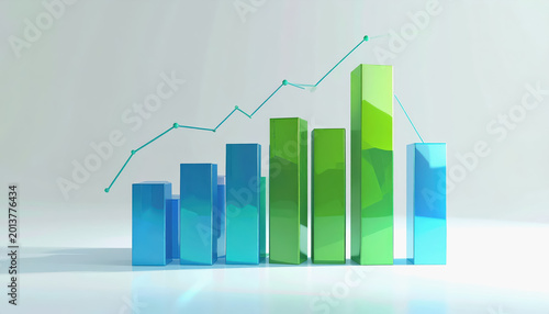 3D bar graph with upward trend line, representing business growth and success