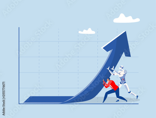 Robt with business people help push arrow upward metaphor improvement or growth.change or growing business development effort or challenge concept, direction,Growth graph trade vector