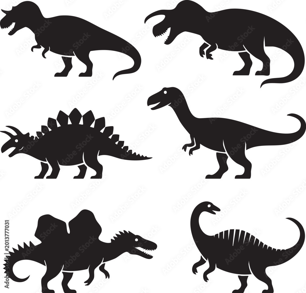 Obraz premium Six black dinosaur silhouettes on a white background prehistoric ancient reptilian