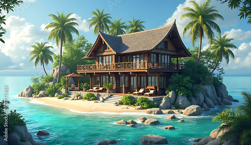 Traditional wooden house on tropical island beach with palm trees and ocean view