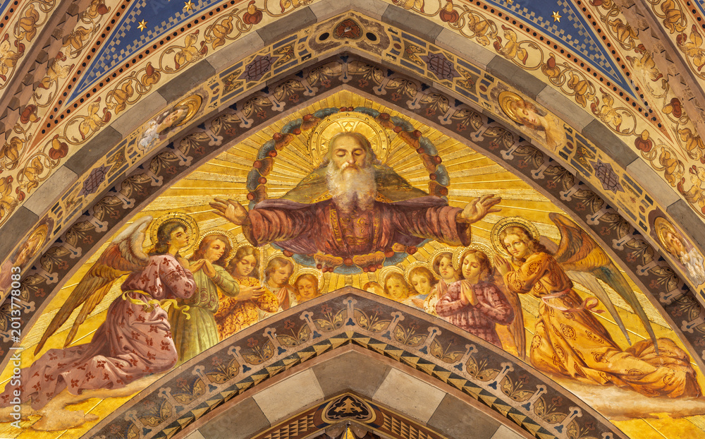 Fototapeta premium BERGAMO, ITALY - MARCH 18, 2026: The neo gothic freesco of God the Creatro among the angels in the church Oratorio dell Immacolata by unknown artis from beginn of 20. cent.