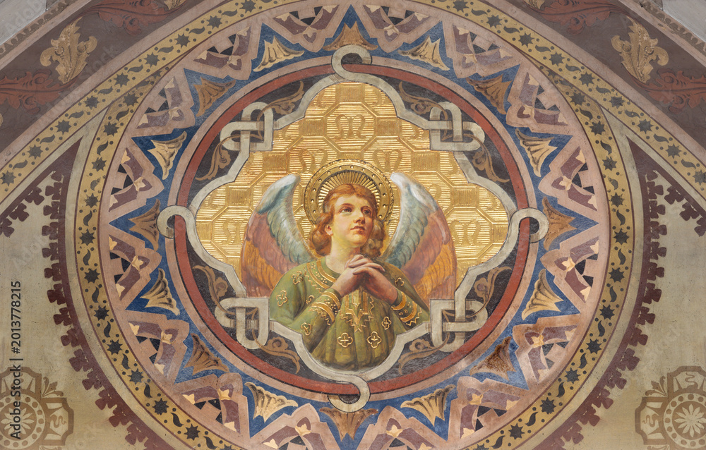 Fototapeta premium BERGAMO, ITALY - MARCH 18, 2026: The neo gothic freesco of angel in the church Oratorio dell Immacolata by unknown artis from beginn of 20. cent.