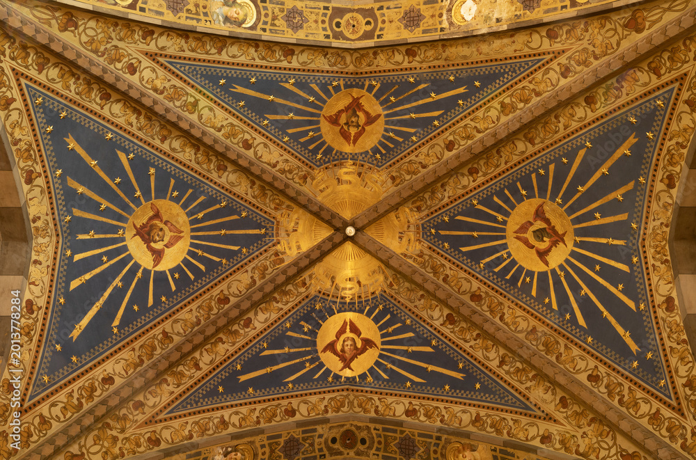 Naklejka premium BERGAMO, ITALY - MARCH 18, 2026: The ceiling neo gothic freesco in the church Oratorio dell Immacolata by unknown artis from beginn of 20. cent.