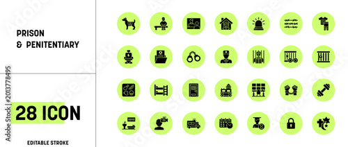 Tableau sur toile Prison and Penitentiary Icon Set with Editable Stroke, 28 Solid Glyph Icons Vect