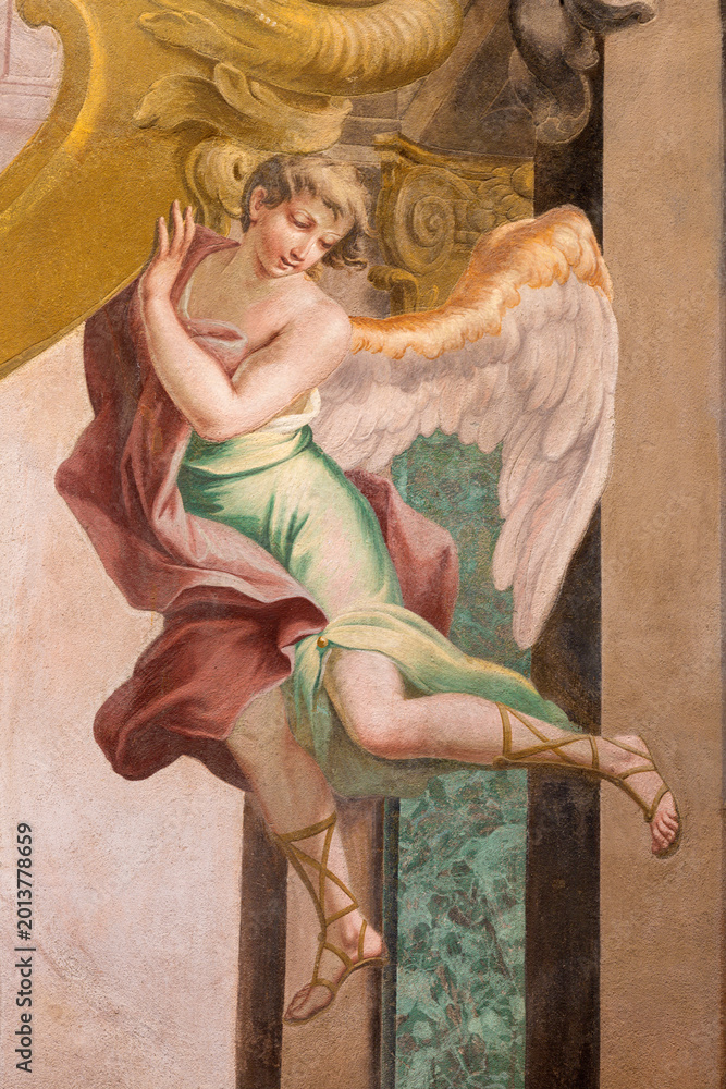 Fototapeta premium CREMA, ITALY - MARCH 20, 2026: The fresco of baroque angel the church Santuario di Santa Maria della Croce by brothers Giuseppe and Giovanni Antonio Torricell from year 1762