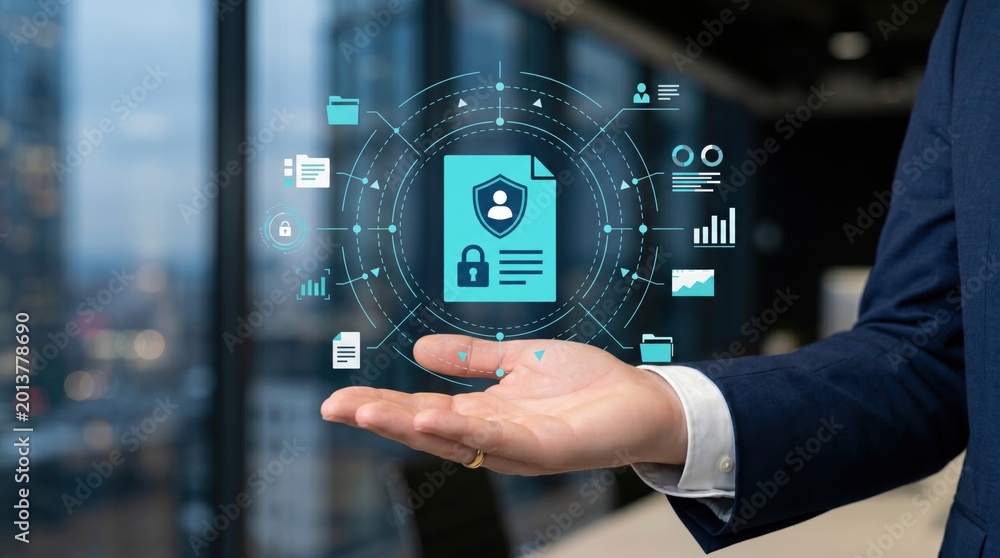 Fototapeta premium Hand holding holographic secure document, data protection concept, cybersecurity shield icon, privacy policy, identity verification, business technology interface, network safety,