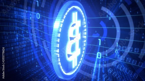 Rotating Cryptocurrency Neon Bitcoin with Geometrical Background and Matrix Binary Code