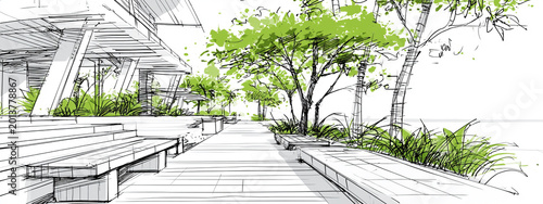 Architectural perspective sketch of a modern outdoor plaza with minimalist benches, green foliage and contemporary building structures.