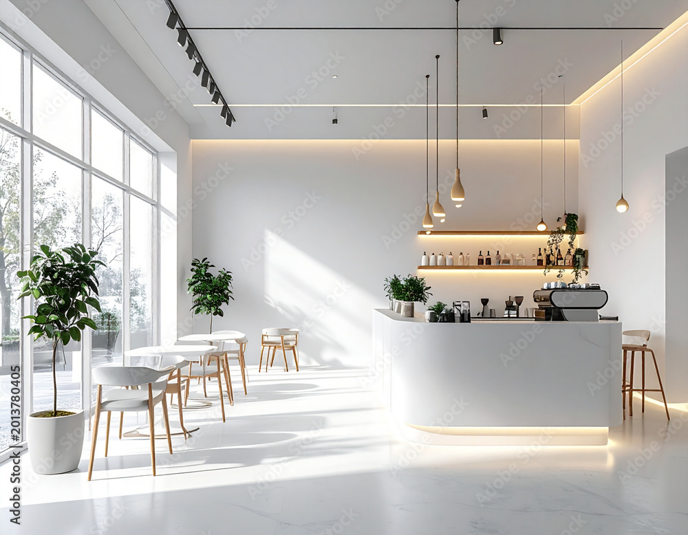 Obraz premium Modern minimalist cafe interior with bright natural light and sleek design