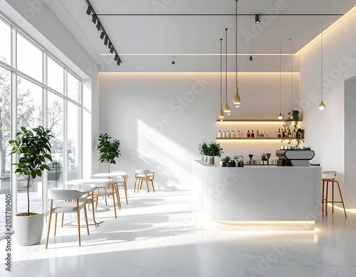 Fototapeta na wymiar Modern minimalist cafe interior with bright natural light and sleek design