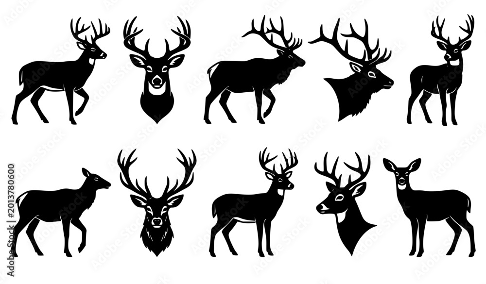 Fototapeta premium Black deer and elk silhouette vector set with wildlife animal head and body icons isolated on white