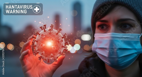Woman in mask holds 3D hantavirus model urban dusk medical caution