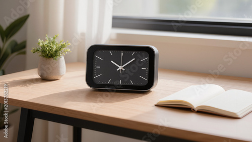 Minimalist Alarm Clock on Wooden Desk with Plant and Open Book