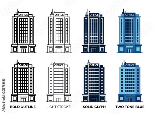 Quadro em tela A collection of modern office building icons in four distinct styles including bold outline, light stroke, solid glyph, and two-tone blue, perfect for corporate and business design projects
