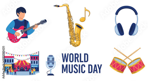 Graphics featuring a guitarist saxophone headphones concert scene microphone drumsticks and World Music Day text